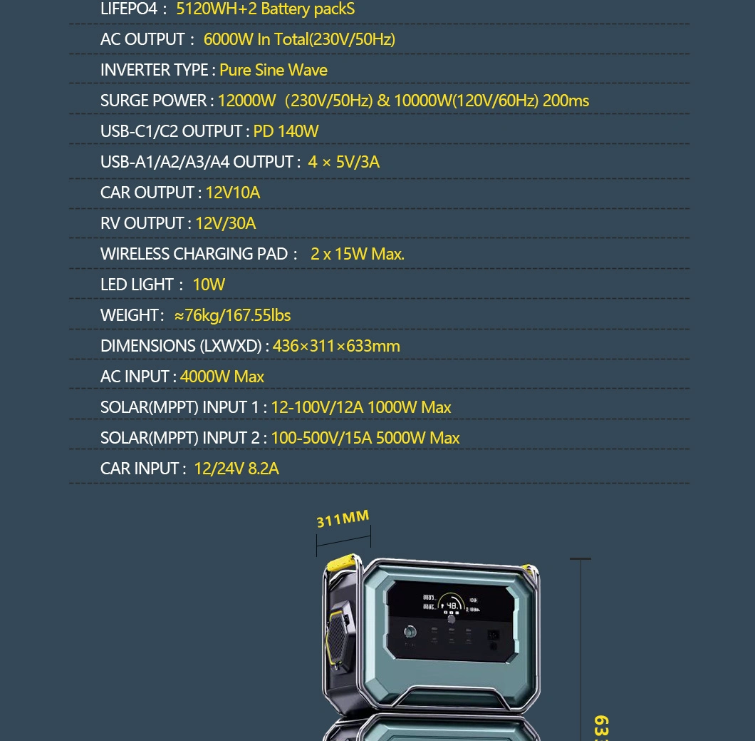 6000W Portable Lithium Battery Power Station for EV Electric Vehicle Power Bank