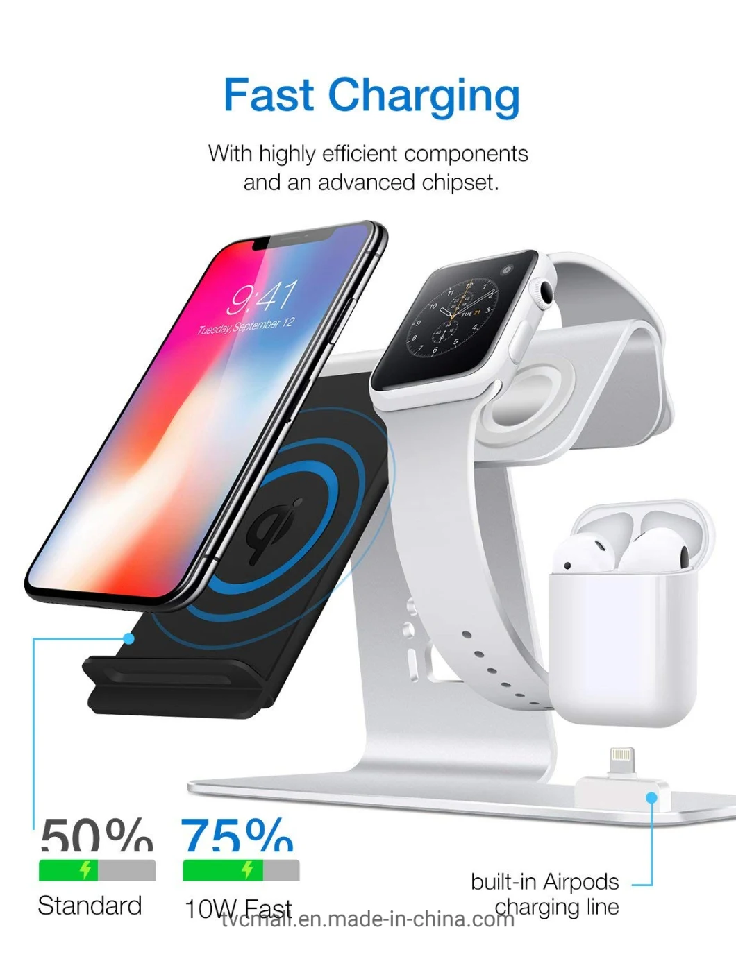 Bestand 3-in-1 10W Phone Qi Wireless Charger Stand Desktop Watch Holder Charging Dock for Airpods - Silver